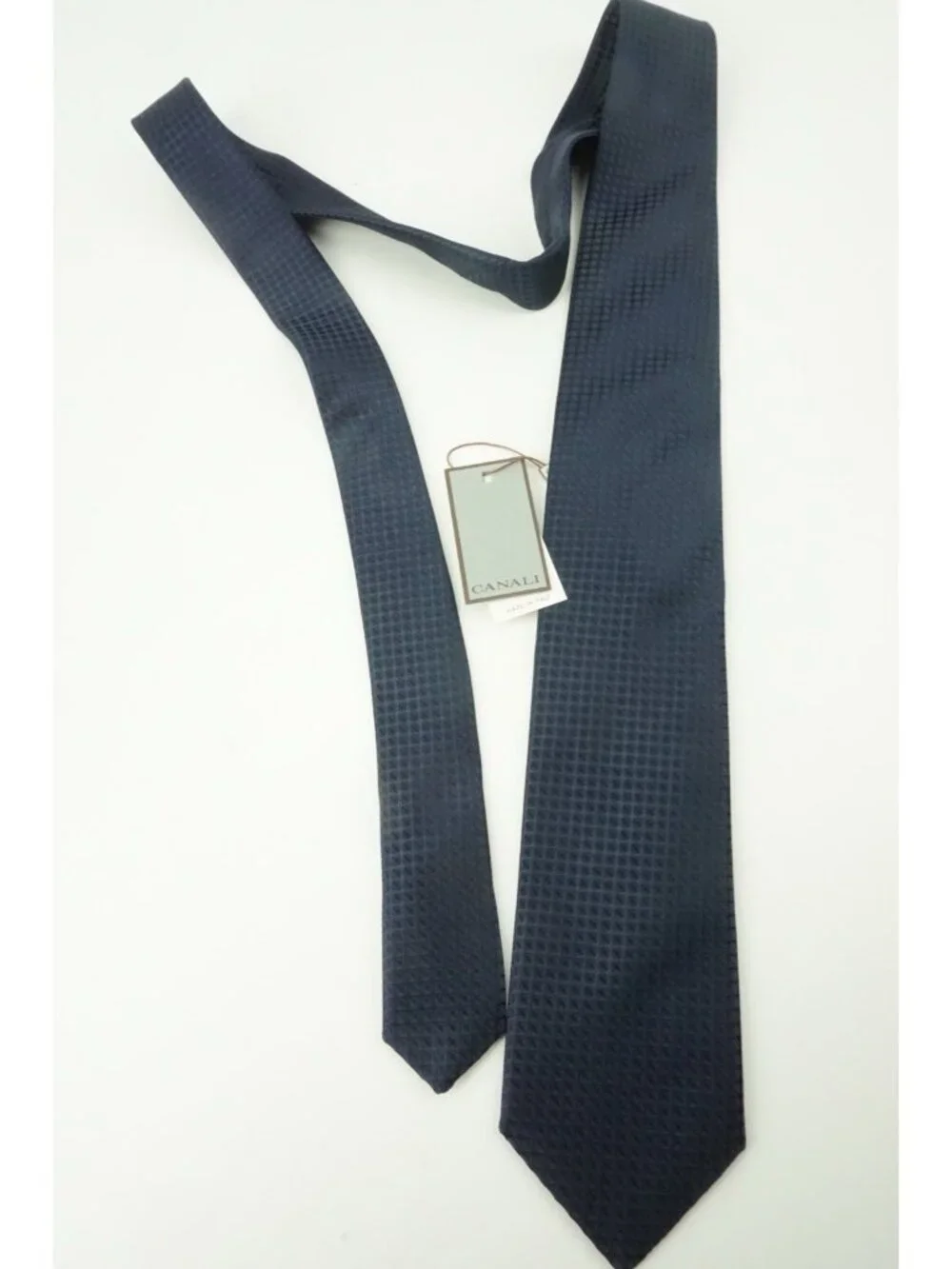 Canali Solid Navy Blue Jacquard Circular Silk Tie Brand New With Tags